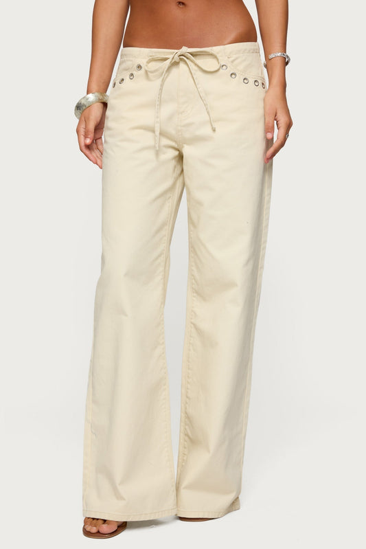 Grommet Tie Waist Low Rise Baggy Jeans