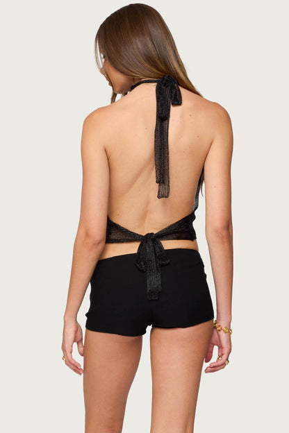 Shiny Knit Cowl Neck Backless Top