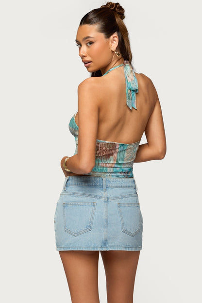 Catie Printed Mesh Halter Top