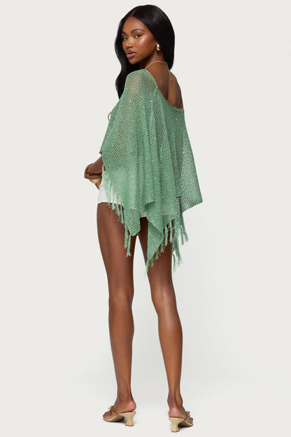 Sequin Fringe Knit Poncho