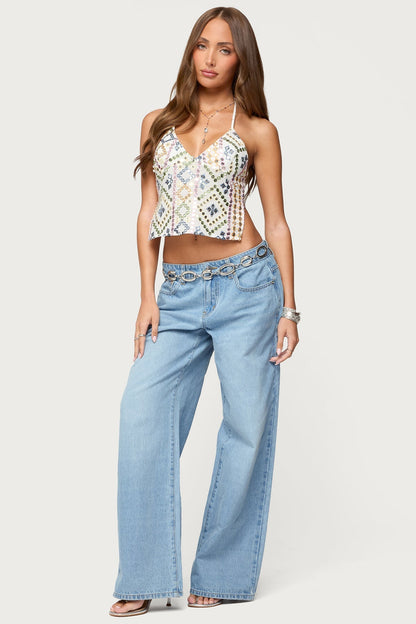 Embroidered Sequin Backless Top