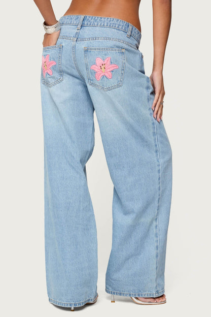 Mirra Embroidered Flower Low Rise Baggy Jeans