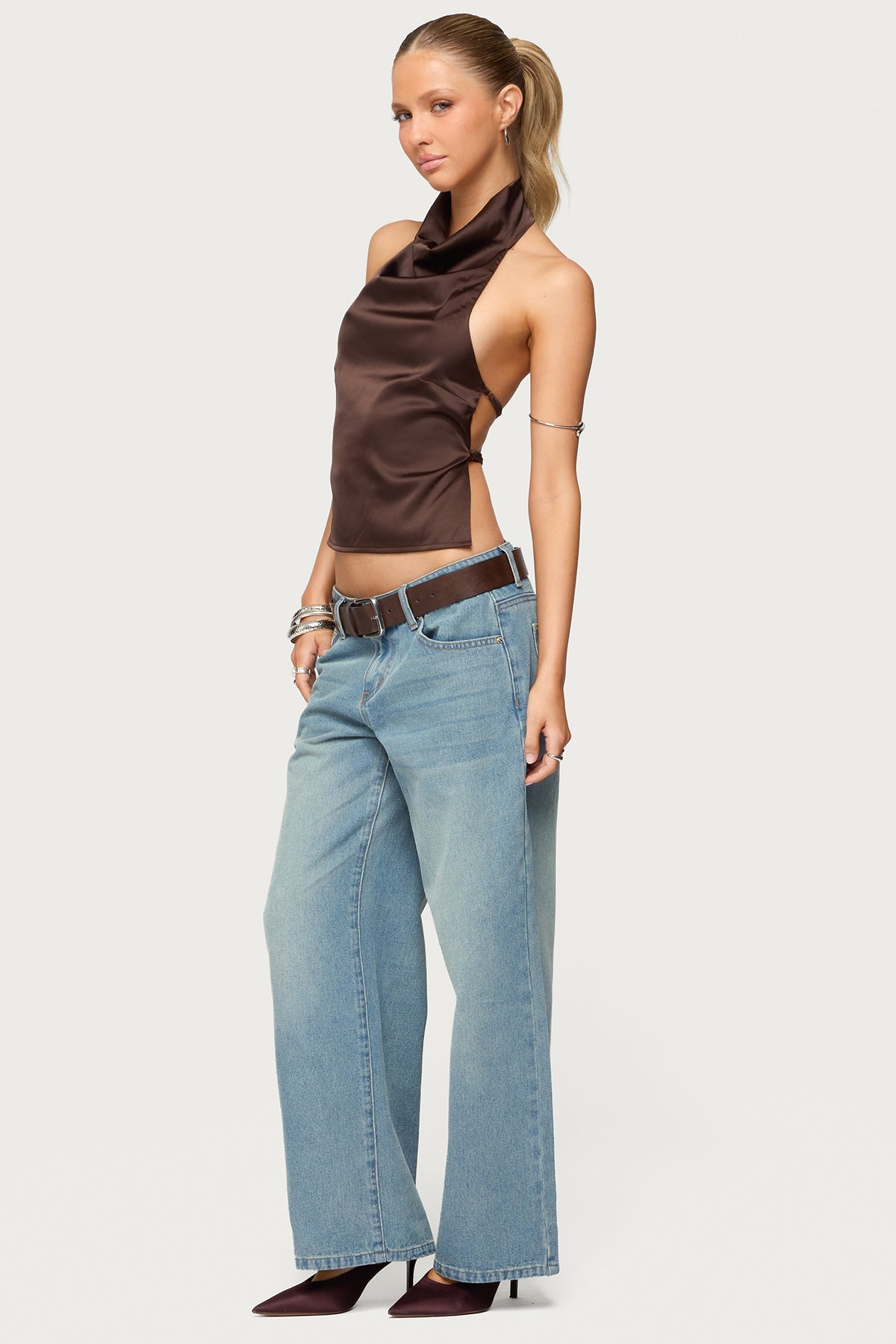 Satin Effect Backless Cowl Neck Top