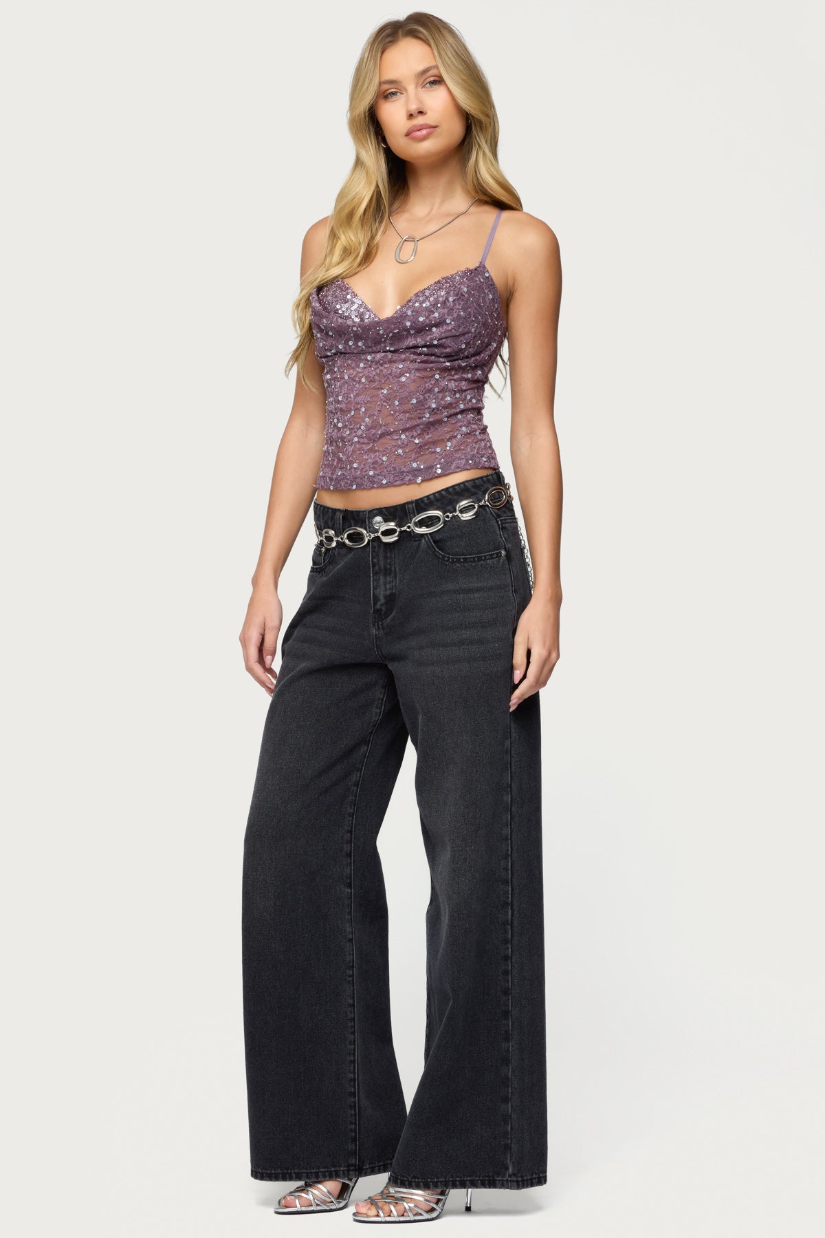 Sequin Layered Bra Cowl Neck Top