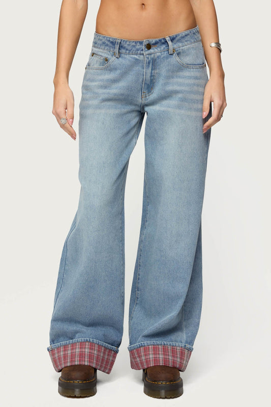 Plaid Cuffed Low Rise Baggy Jeans