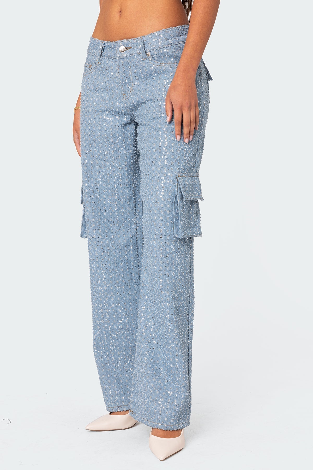 Icing Sequin Low Rise Baggy Cargo Jeans
