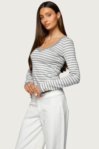 Kimi Striped Long Sleeve V Neck Top