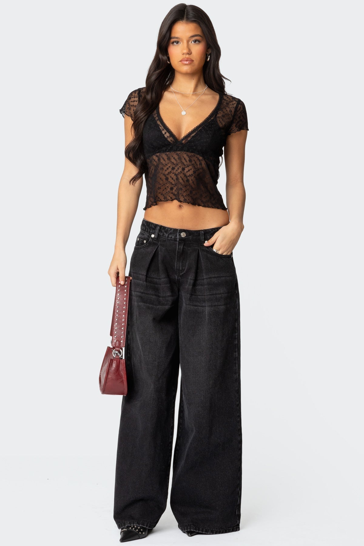 Pleated Detail Low Rise Baggy Jeans