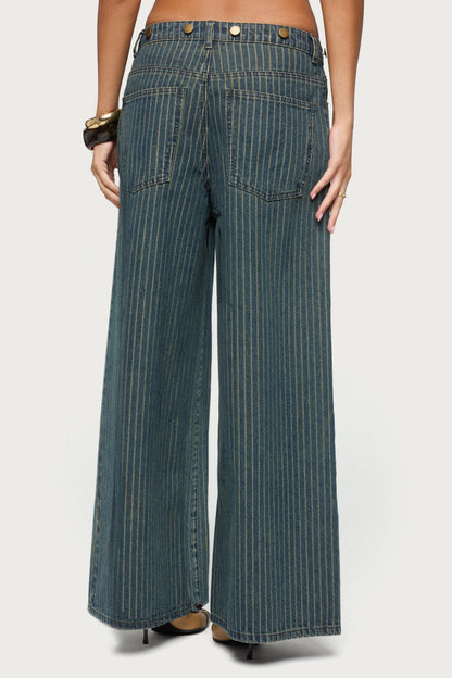 Button Pinstripe Low Rise Baggy Jeans