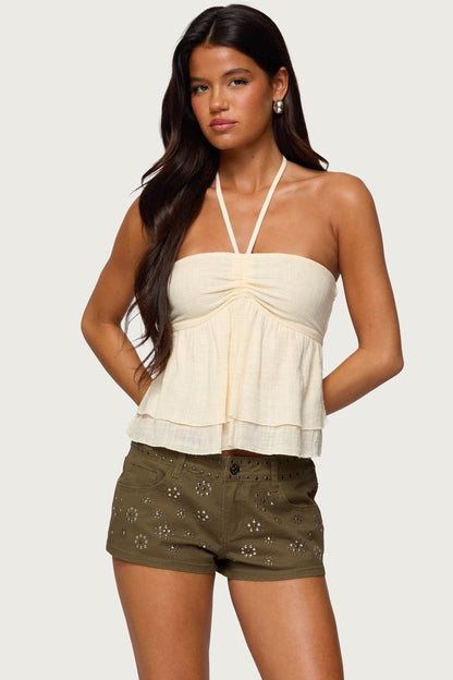 Layered Linen Look Babydoll Halter Top