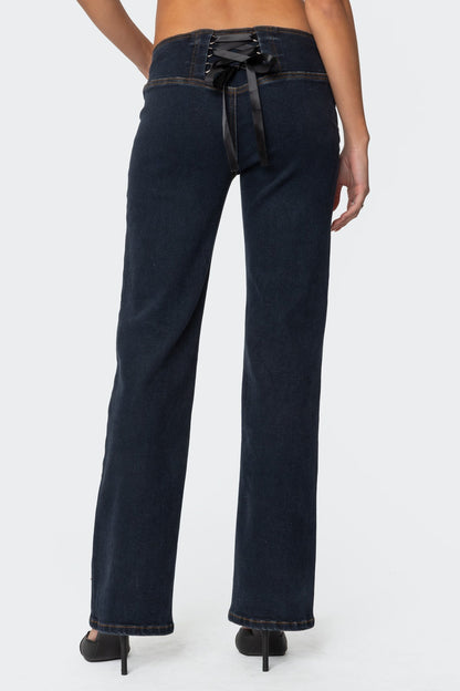 Ribbon Lace Up Low Rise Straight Leg Jeans