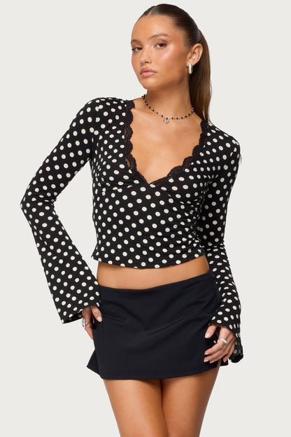 Polka Dot Lacey Plunge Neck Top