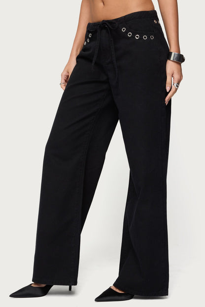 Grommet Tie Waist Low Rise Baggy Jeans