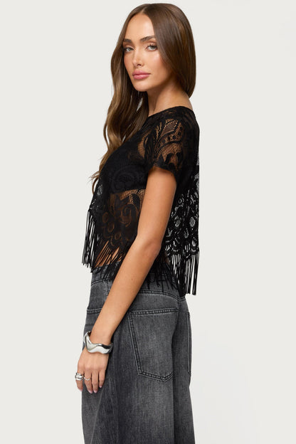 Kira Sheer Lace Fringe Top