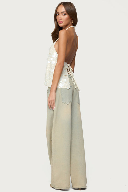 Ellorie Backless Sequin Halter Top